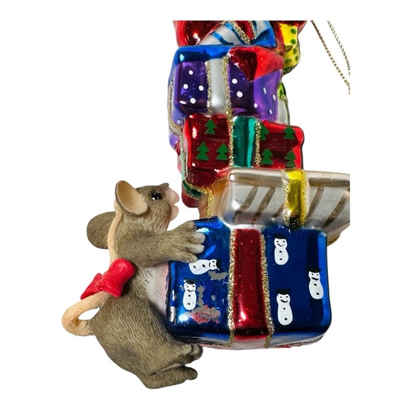 Charming Tails Blown Glass Christmas Tree Ornament Stacks Of Joy In Box with tag - Picture 7 of 10